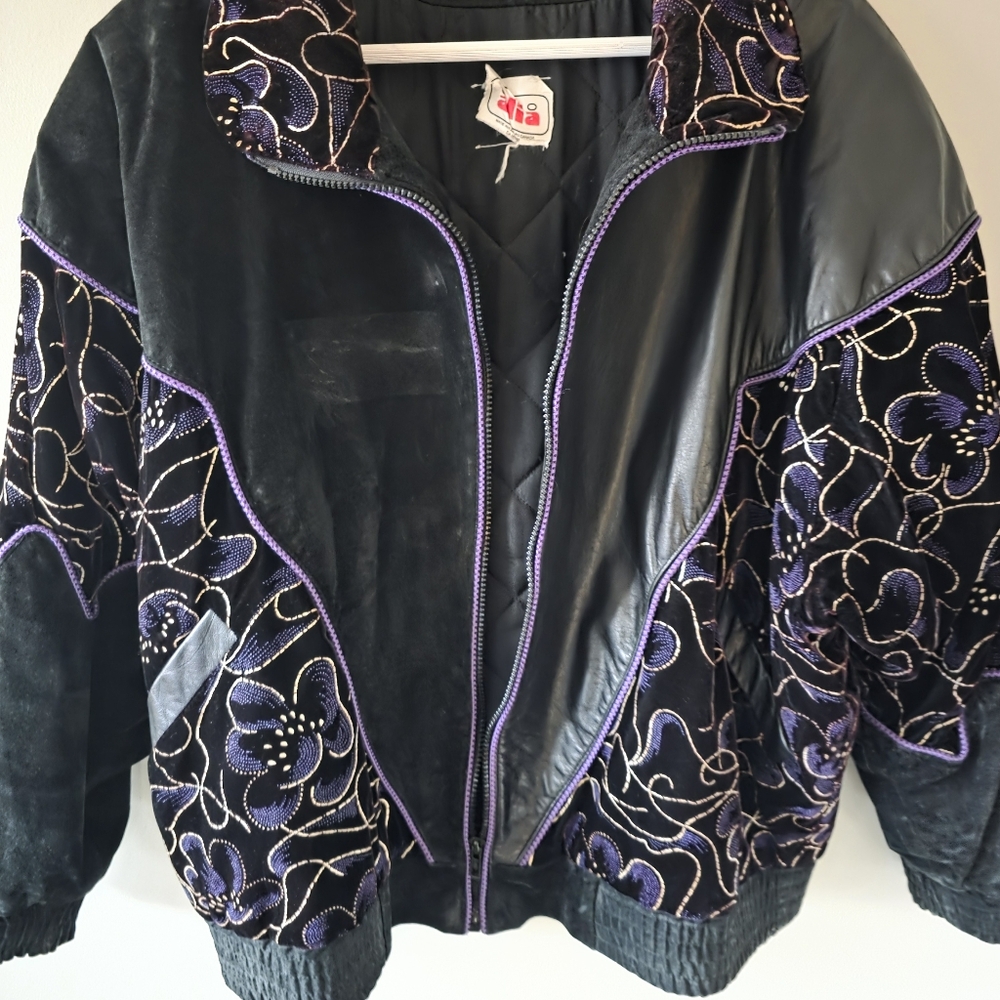 Alia L Vintage 80s 90s Eclectic Retro Leather Suede & Velvet Bomber Jacket - Picture 8 of 16